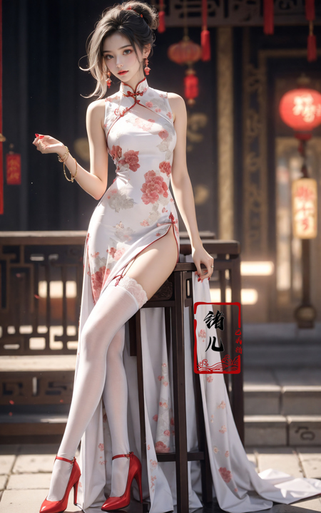 606247209521969606-1783189722-Black background,Fashion cheongsam，_nail polish，lace trim，gradient，contrapposto，Red long dress，lace，_red lips， (full body_0.8),.jpg
